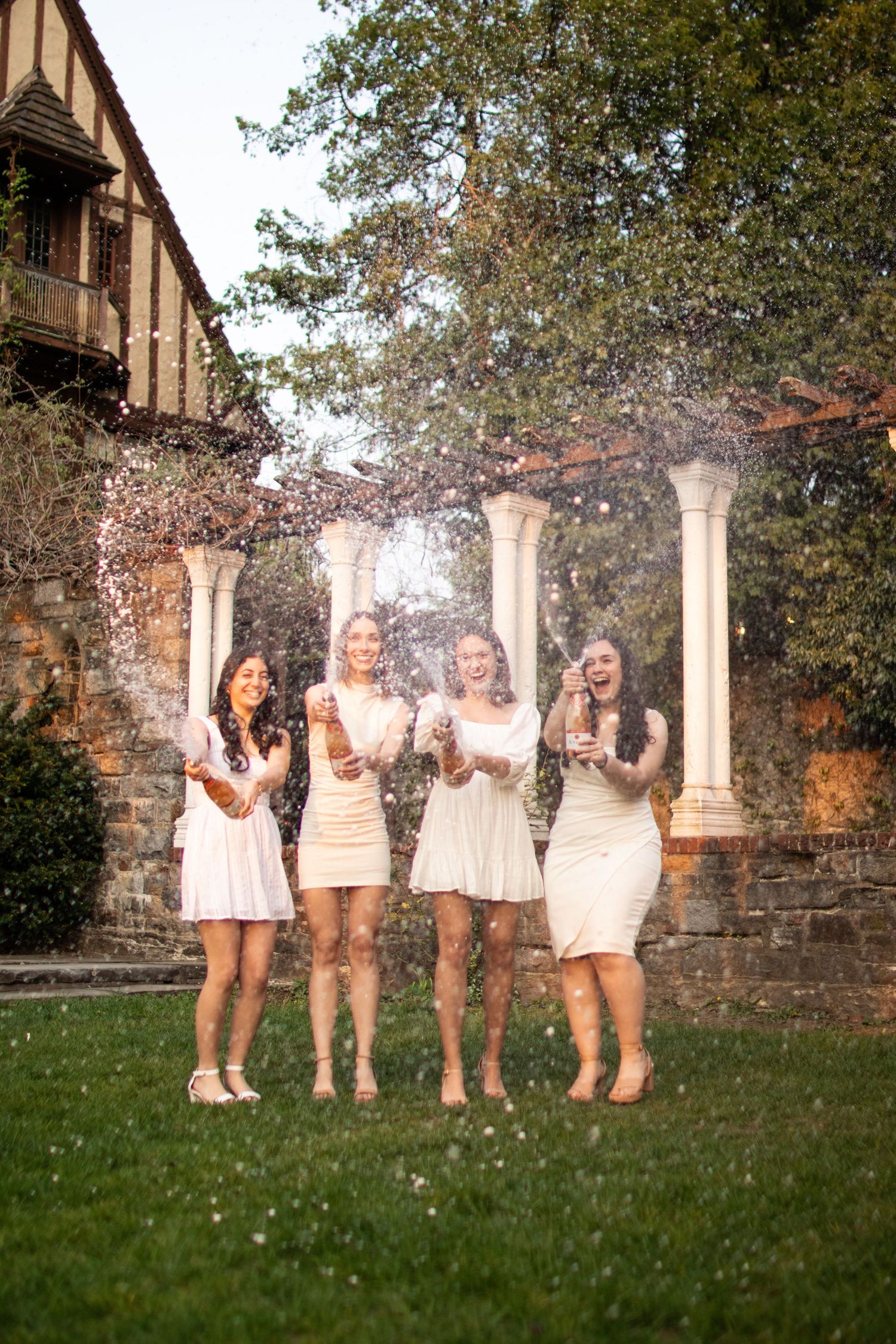 Senior group graduation photos, WPI graduates, sorority girls, sorority graduation. Worcester, MA. Champagne photos