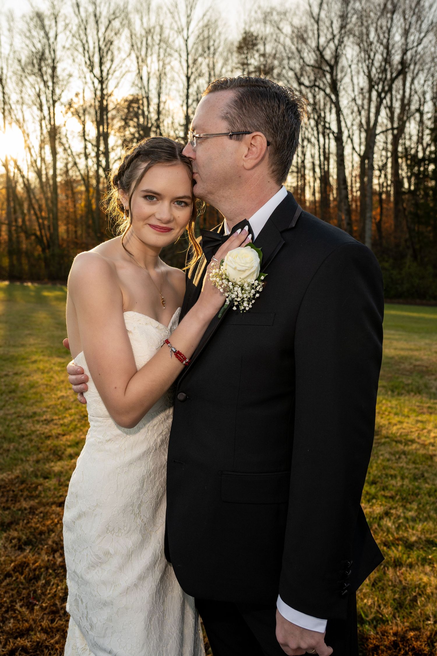 Bride with Father. Stevenson Ridge Wedding Venue Spotsylvania Virginia. Sunset. Lace wedding dress.