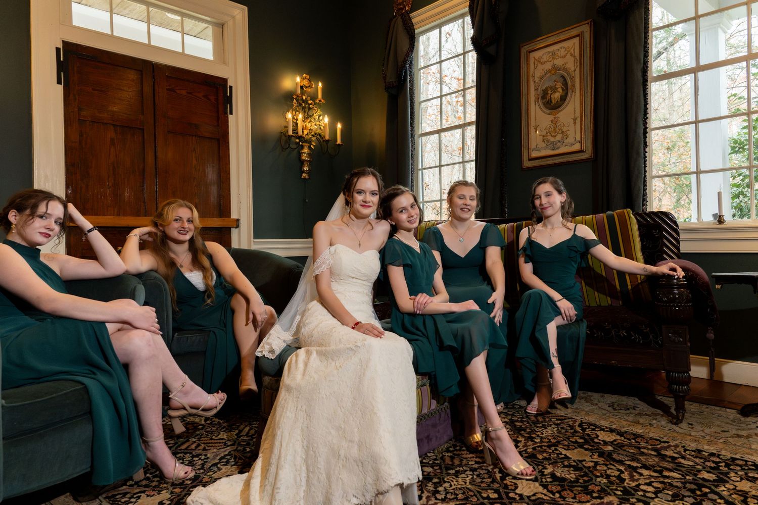Bride with Bridesmaids in historic house at Stevenson Ridge Spotsylvania Virginia