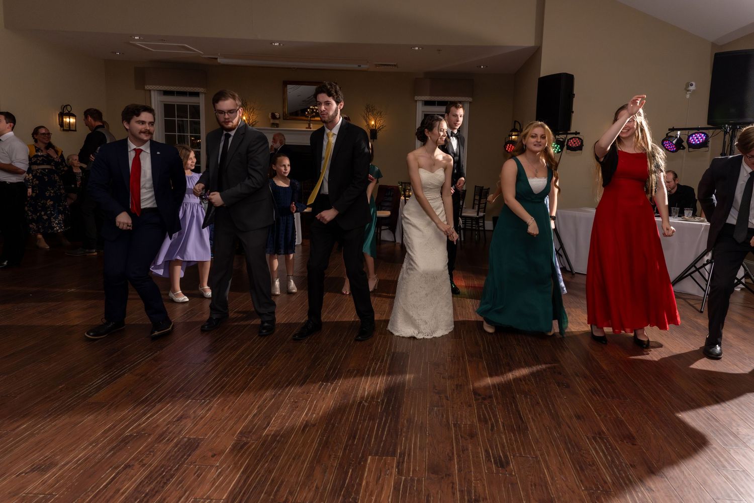 Bride and guests dancing at wedding reception at Stevenson Ridge wedding venue Spotsylvania Virginia