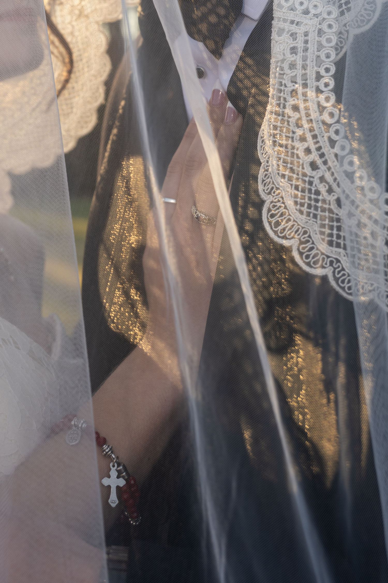Close up of under the veil photo. warm sunny with shadows of the lacy