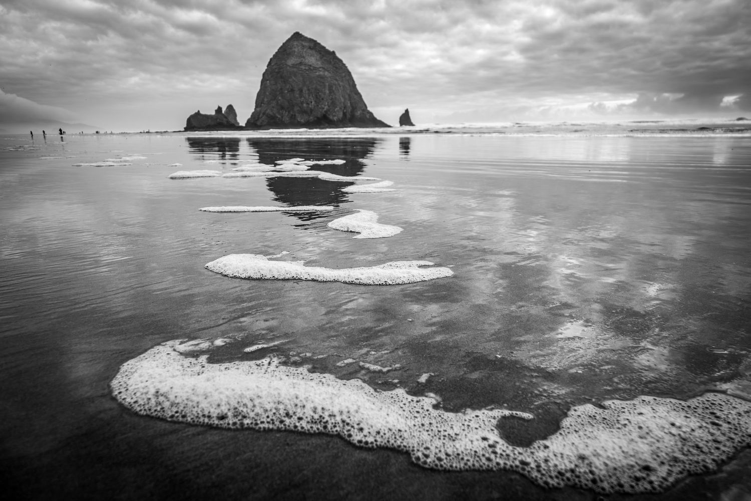 Dramatic black and white seascape with rocky formations and misty ocean waves.