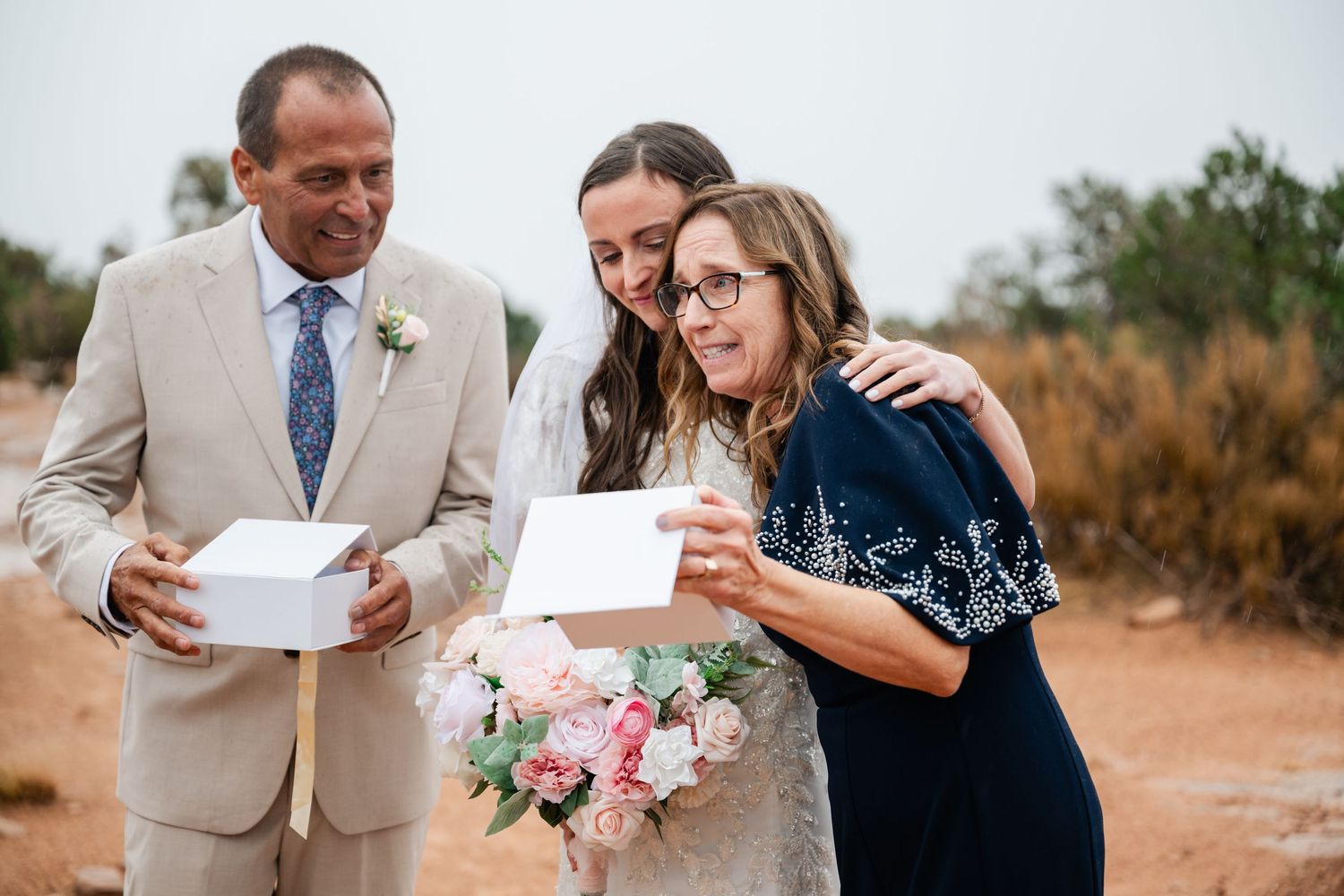 A series of outdoor wedding moments showing couples reading letters and sharing emotional reactions during their special day.