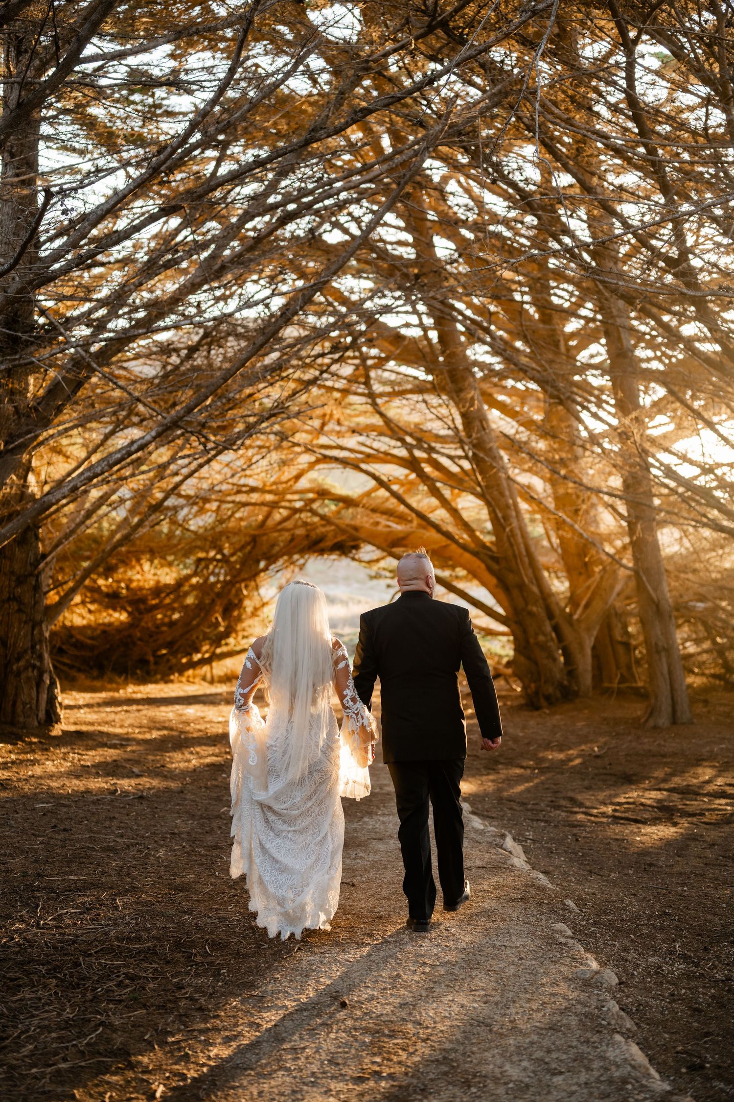Couple walking through golden sunlit cypress tree tunnel at sunset.