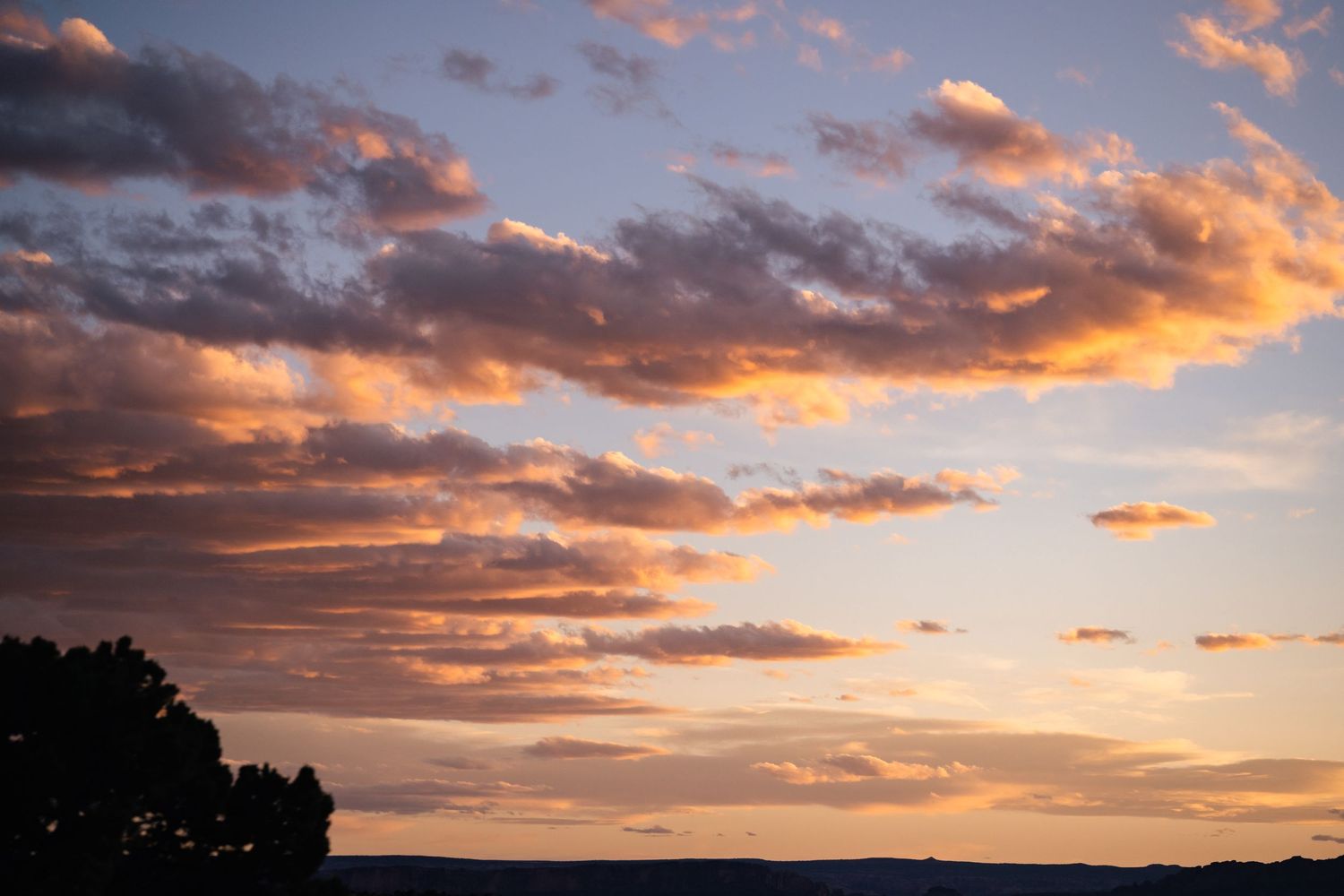Dramatic sunset sky with orange-lit clouds and silhouetted treeline.