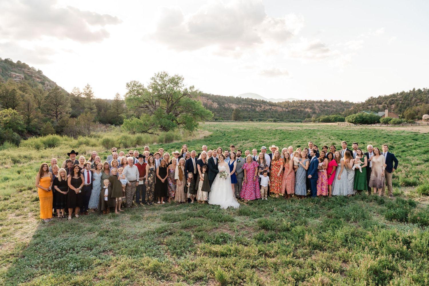 Large wedding group photo with guests gathered in an open meadow against a backdrop of rolling hills.