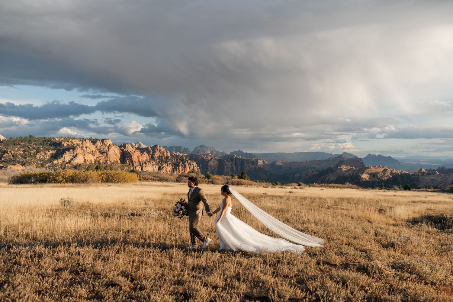 Panoramic view of wedding couple in vast field with stormy mountain landscape.
