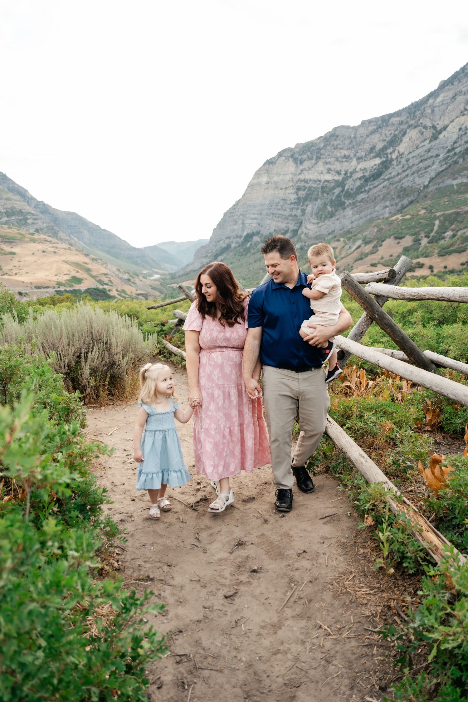 A family walks together on a mountain trail surrounded by rugged cliffs and wildflowers in a scenic valley.