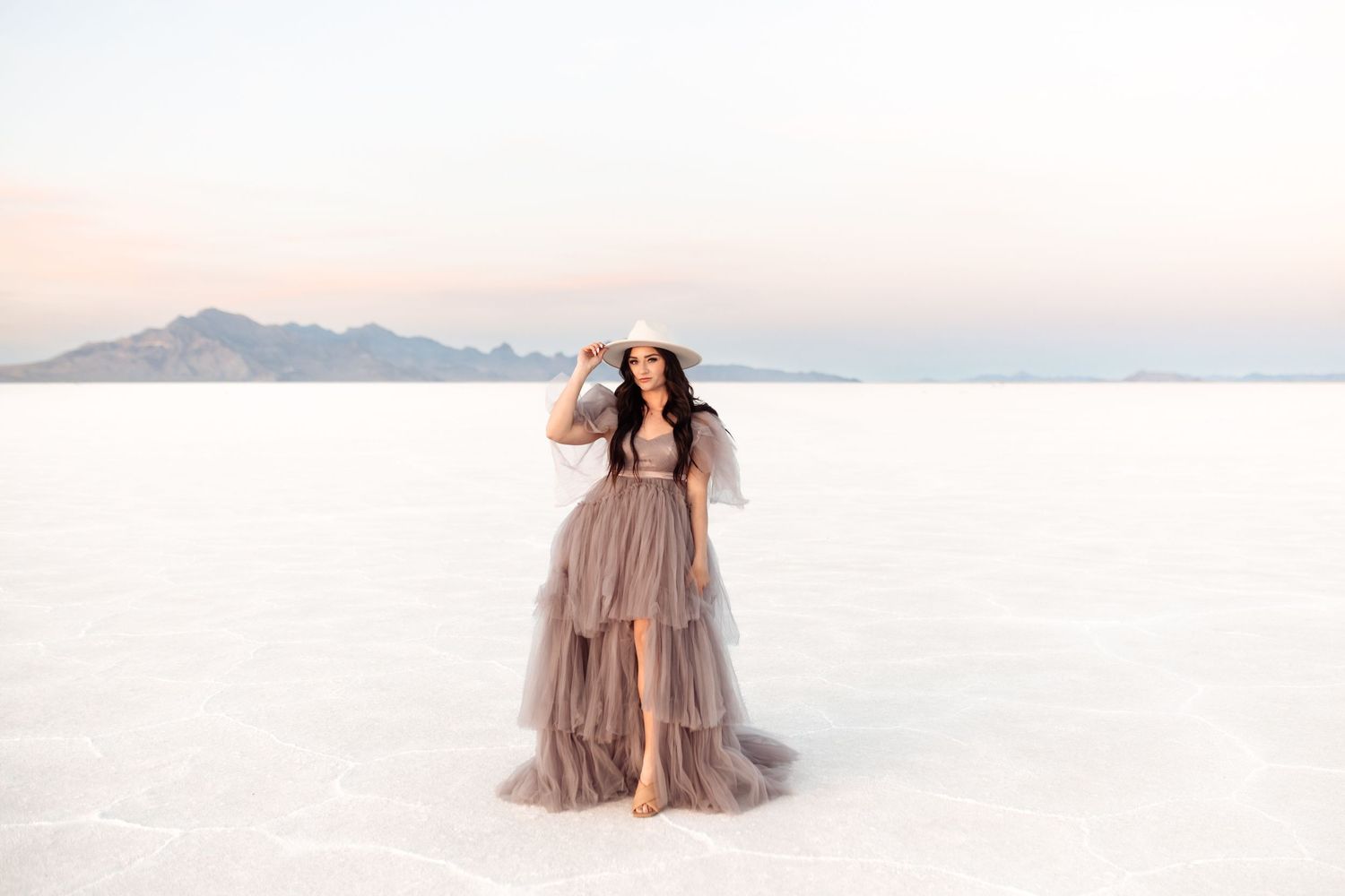 Portraits in beautiful dress at the Salt Flats by Salt Flats Photographer during sunset