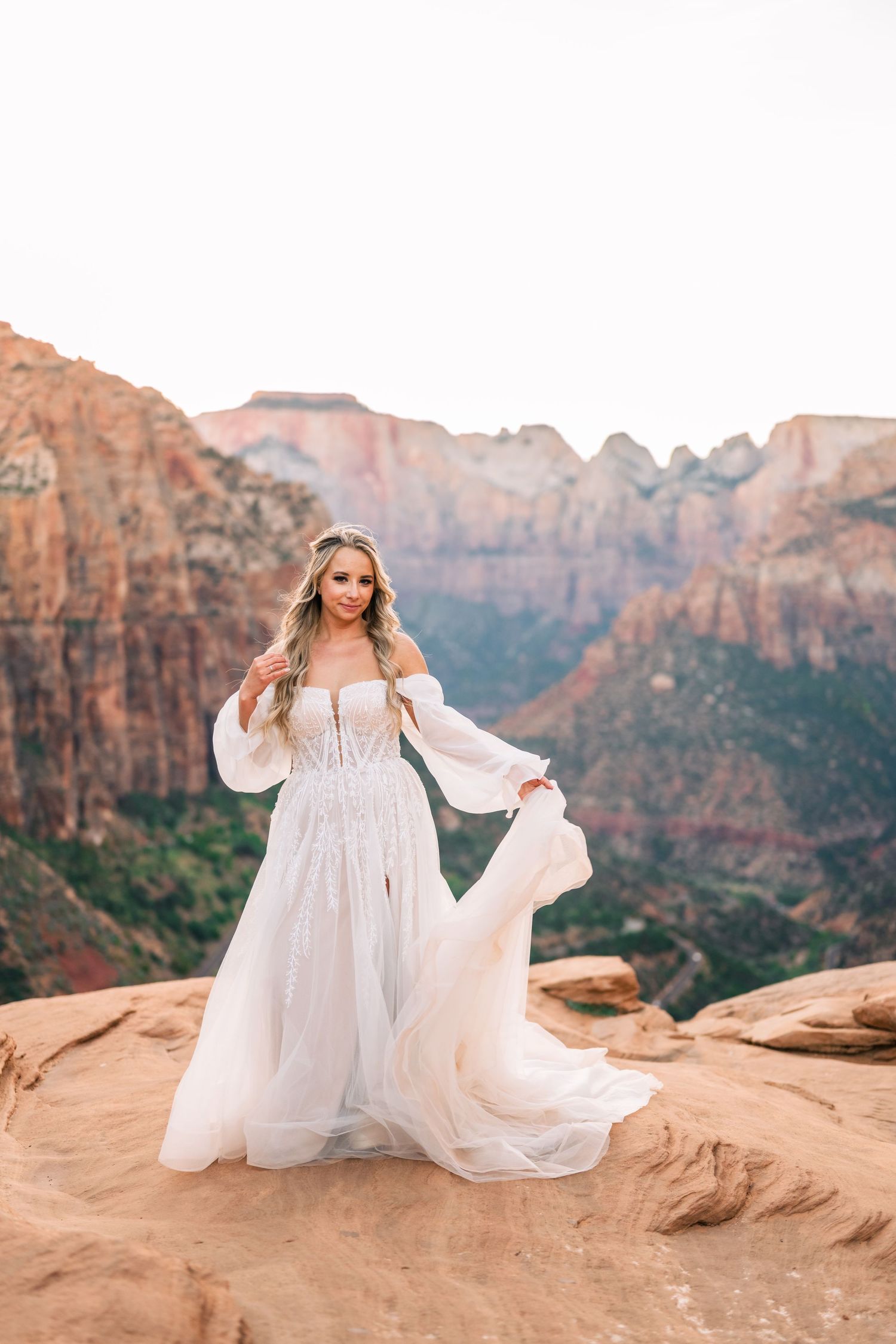 Bridal portrait at Zions National Park during golden hour by Zion elopement photographer