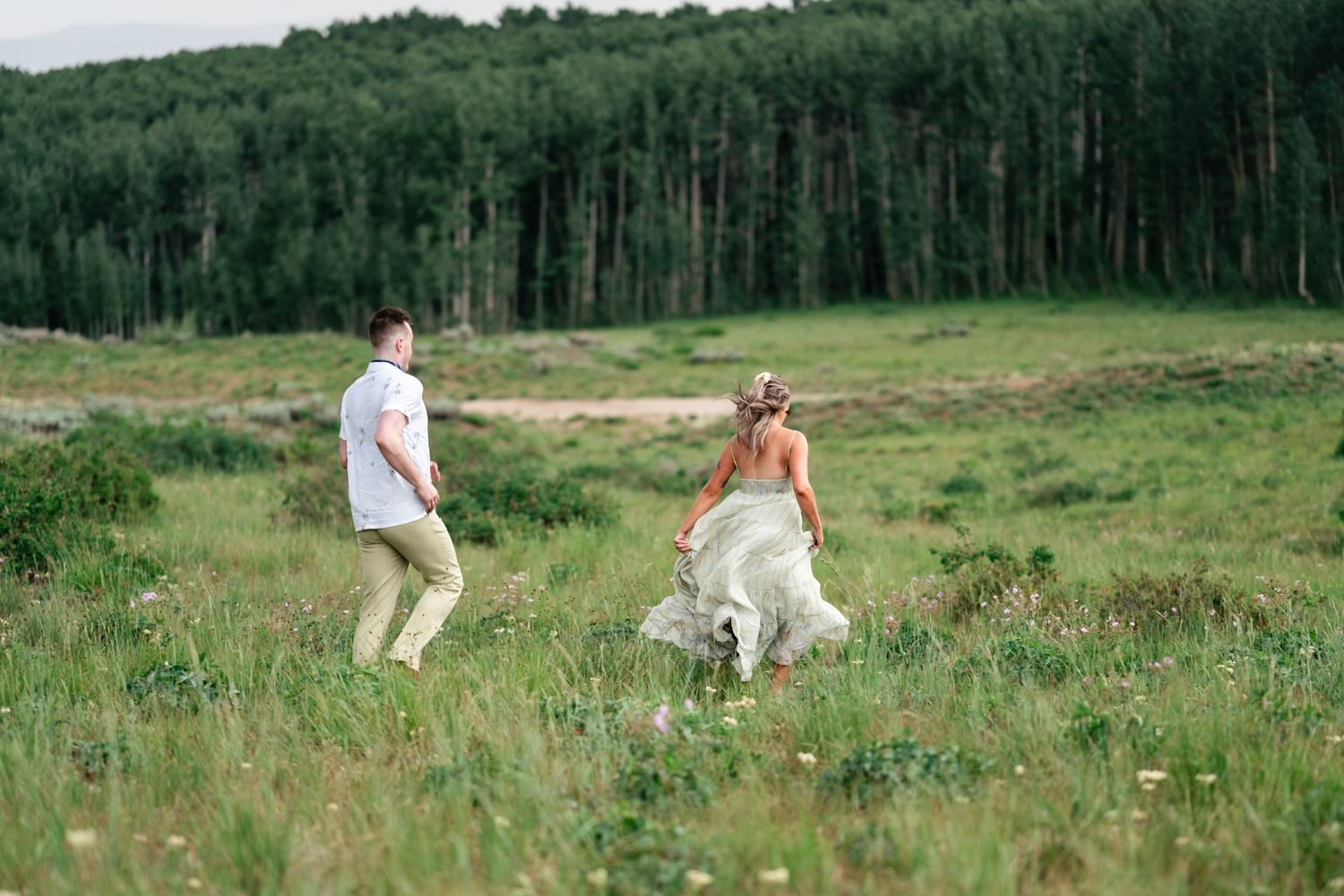 A couple runs playfully through a green mountain meadow with tall evergreen forest in the background. Park City engagement photographer.