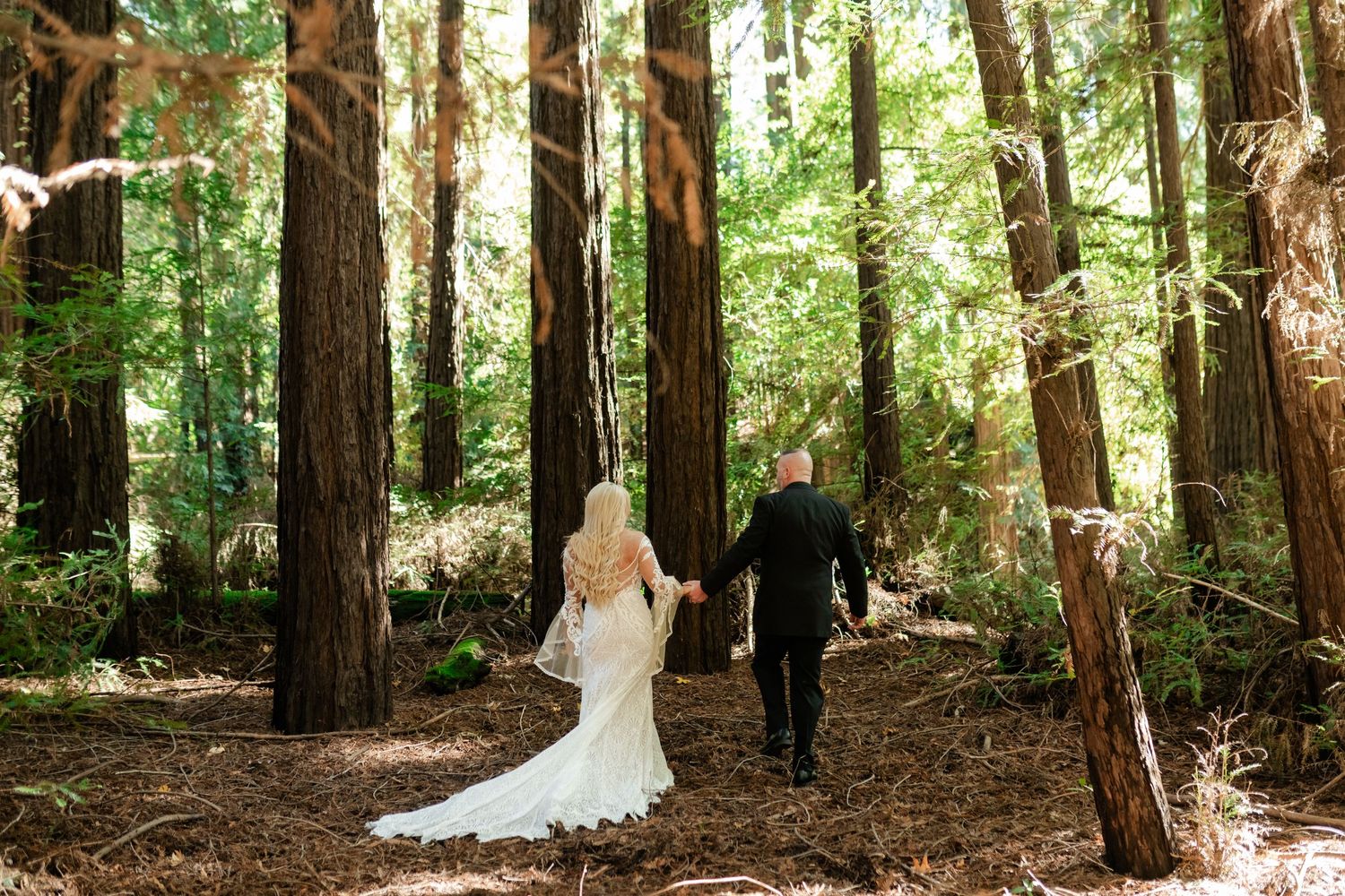 Wedding ceremony setting in a majestic redwood forest with natural sunlight filtering through trees.