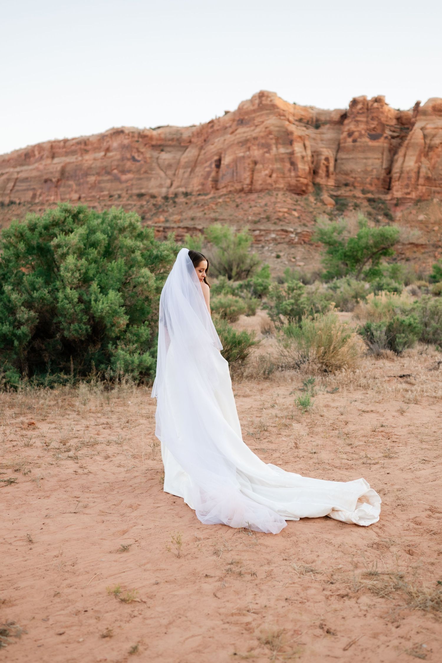 Bride in white strapless gown with cathedral veil wrapped around her stands in red rock desert landscape at dusk.