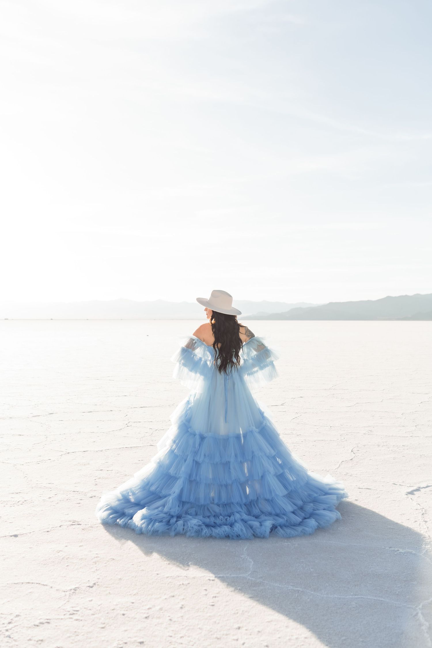 Portraits in beautiful dress at the Salt Flats by Salt Flats Photographer during sunset