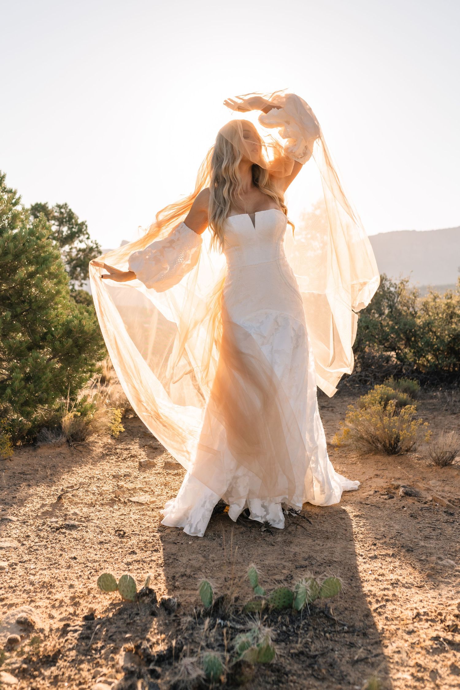 Zions wedding photographer takes beautiful desert sunrise bridals featuring a unique veil and dried floral bouquet.