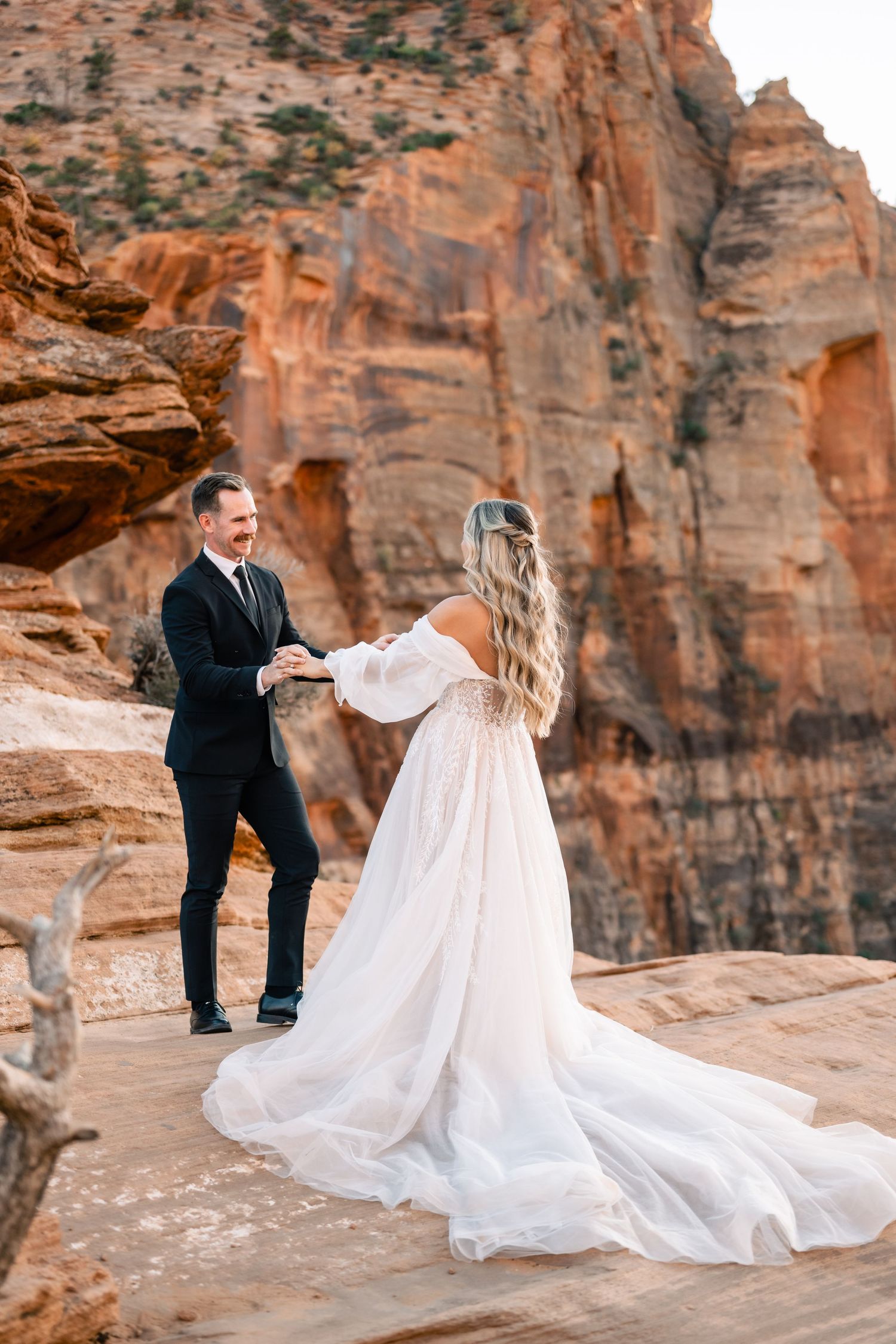 Wedding couple portraits in Zion National Park in October by Zion wedding photographer