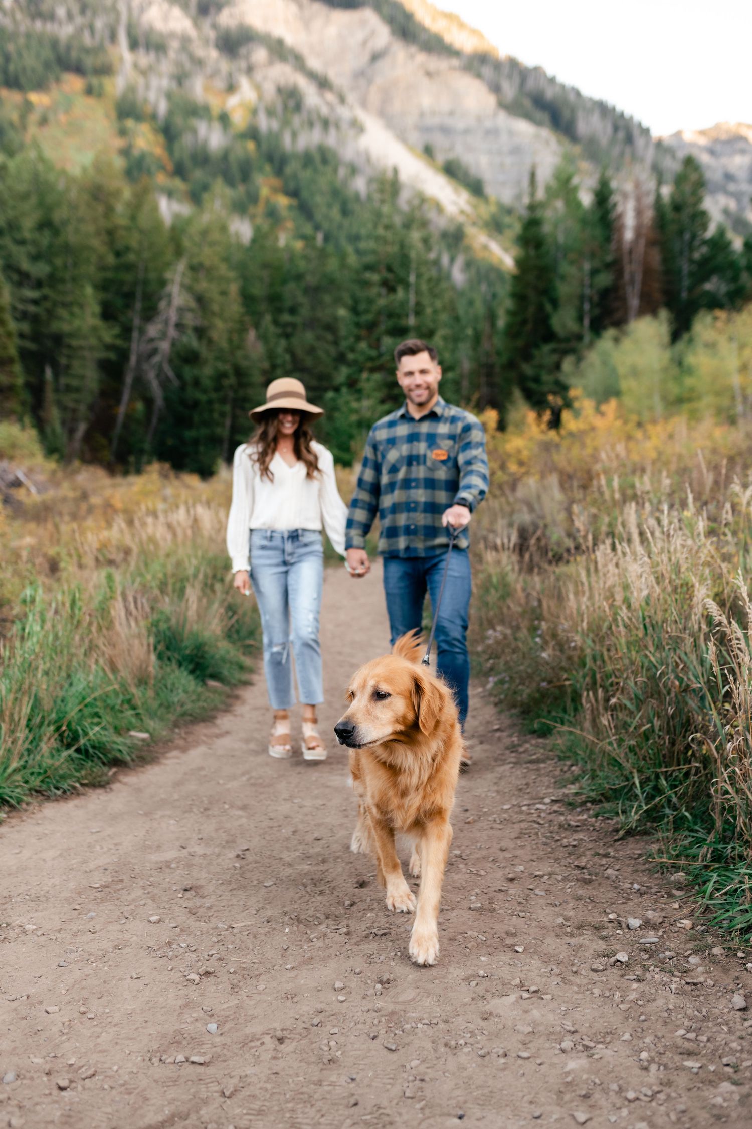 A couple walks their golden retriever on a trail with mountain views and fall colors.