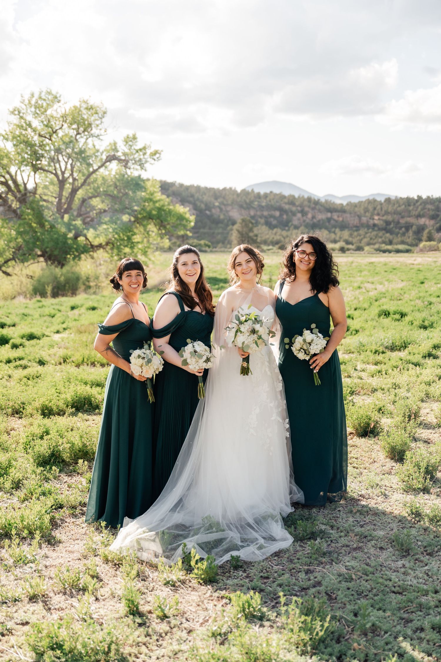Bridal party in emerald green dresses poses outdoors in scenic mountain landscape.