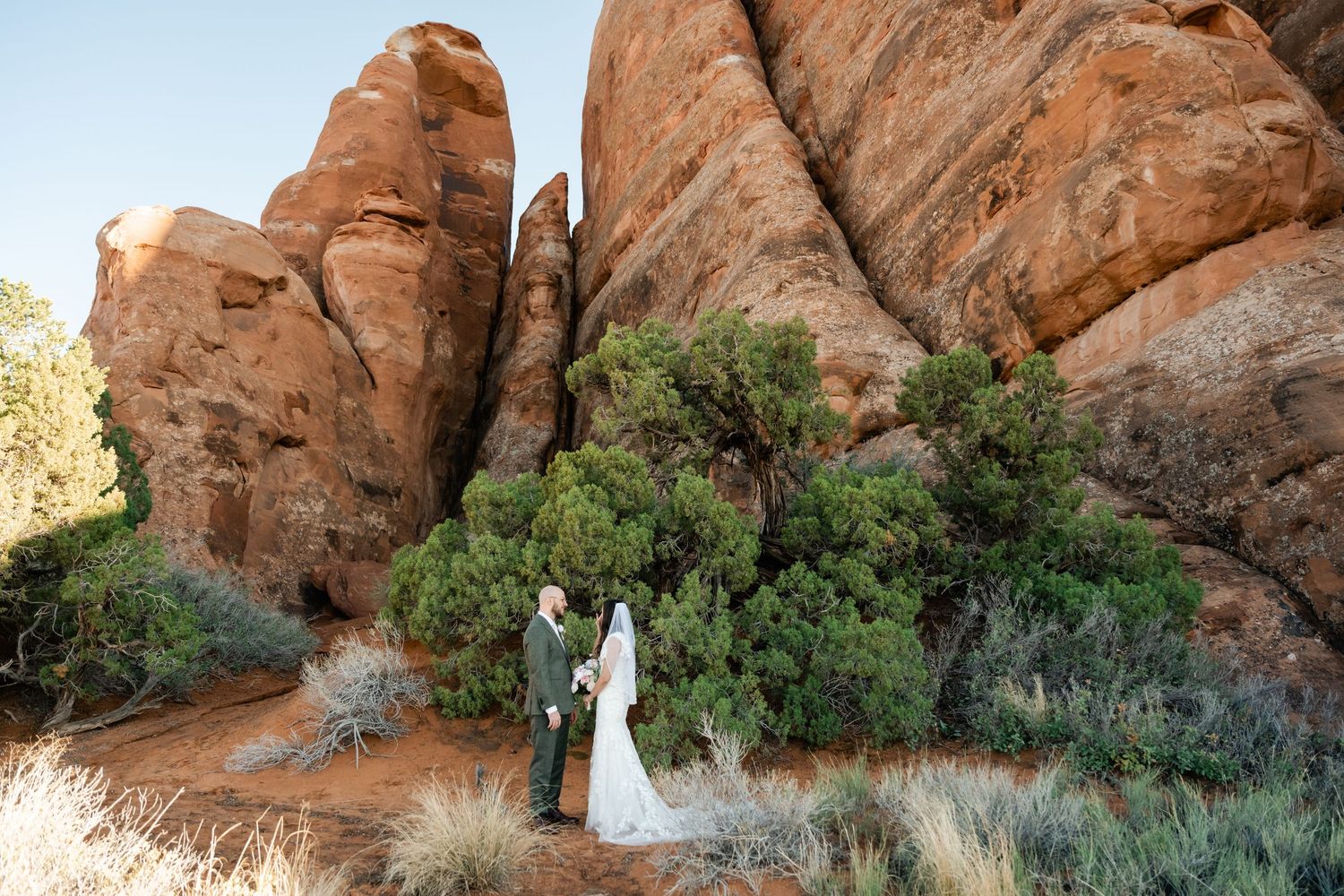 Desert wedding photography with dramatic red rock formations and native vegetation.