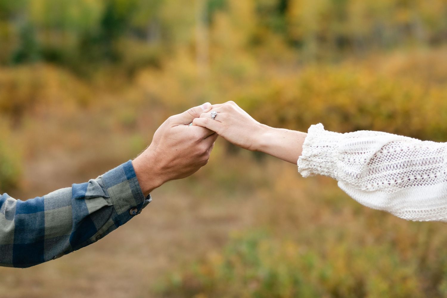 Hands holding showing an engagement ring through autumn foliage. Utah Valley Bride Preferred Vendor, Coley Cook.