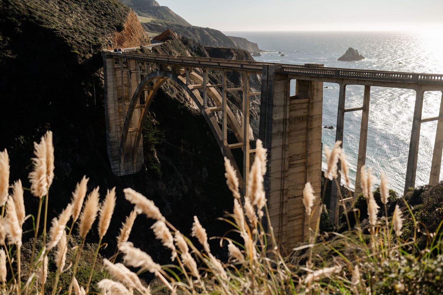 Coastal wedding venue with rustic wooden structures and pampas grass decorations overlooking the ocean.