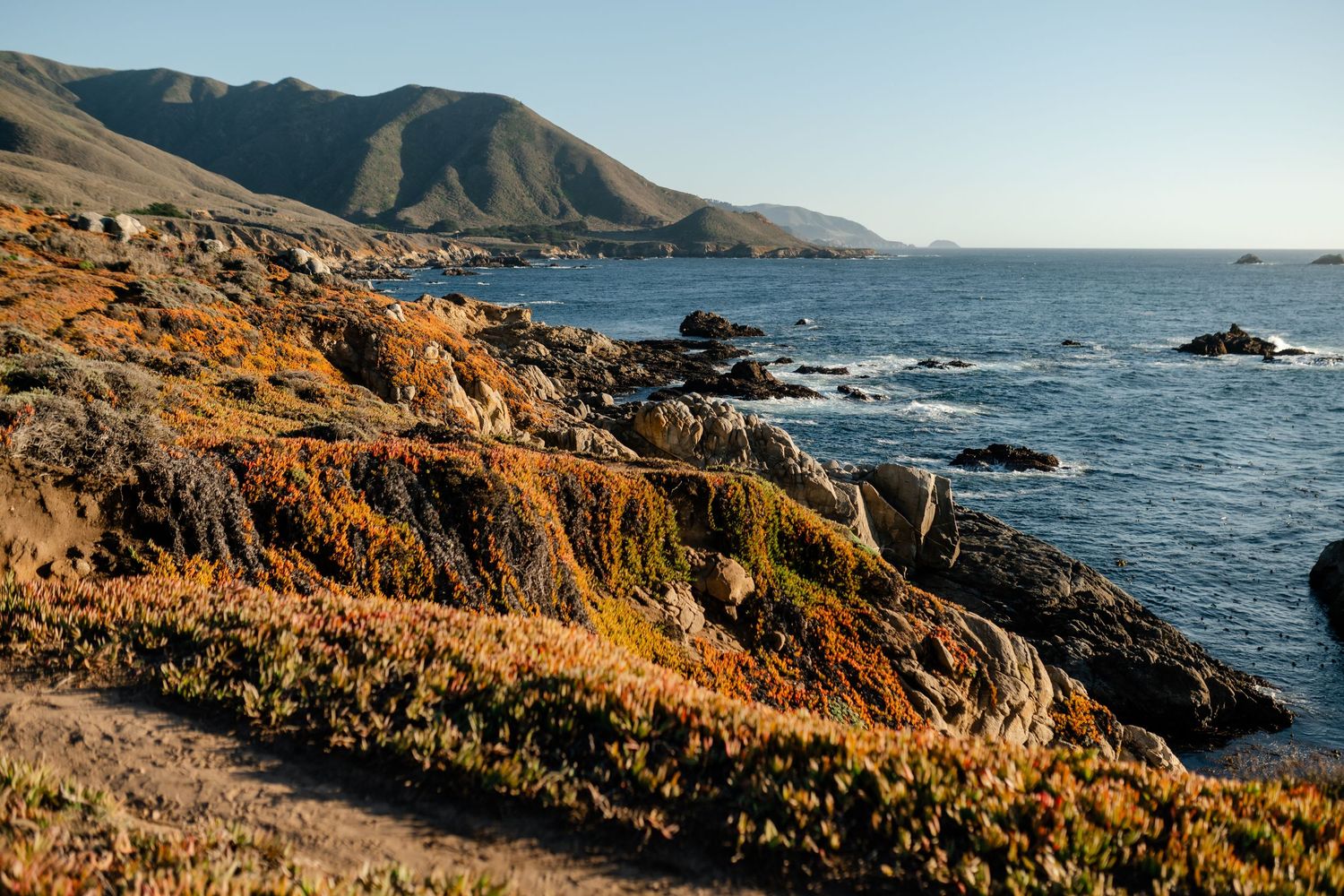 Panoramic view of the Big Sur coastline with rocky cliffs and ocean waves.