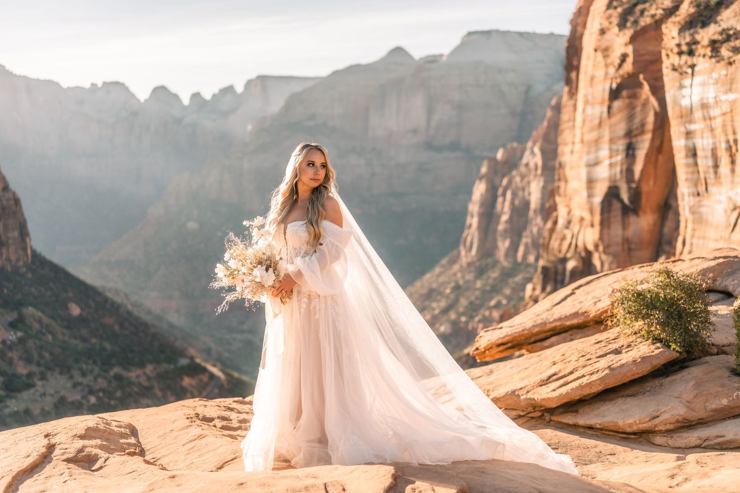 Bridal portrait at Zions National Park during golden hour by Zion elopement photographer