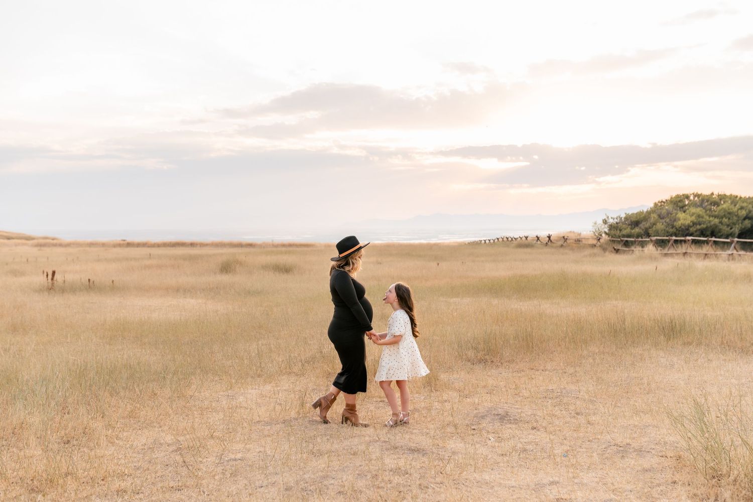 Two people walk together through a golden field at sunset with a tree line visible in the distance.