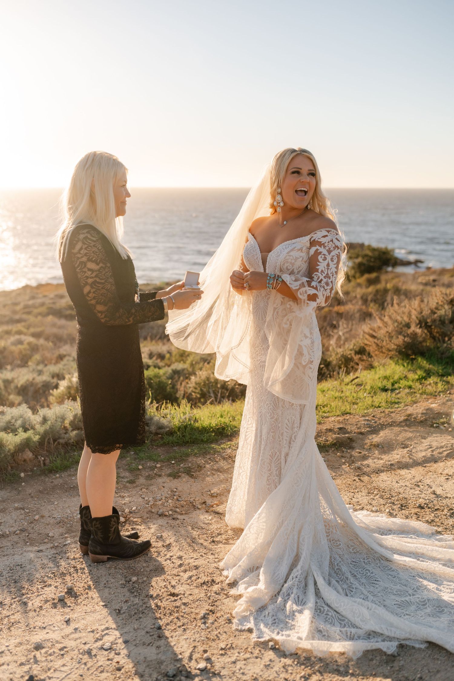 Coastal wedding photography session during golden hour with ocean views.