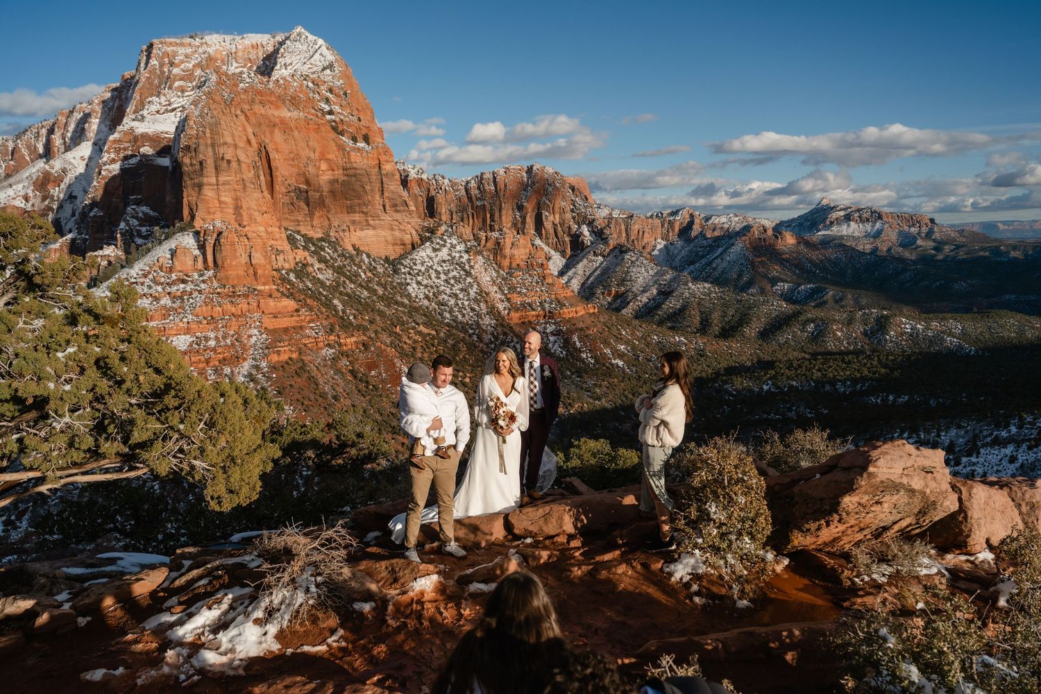 Wedding party poses on mountain overlook with red rock canyon backdrop.