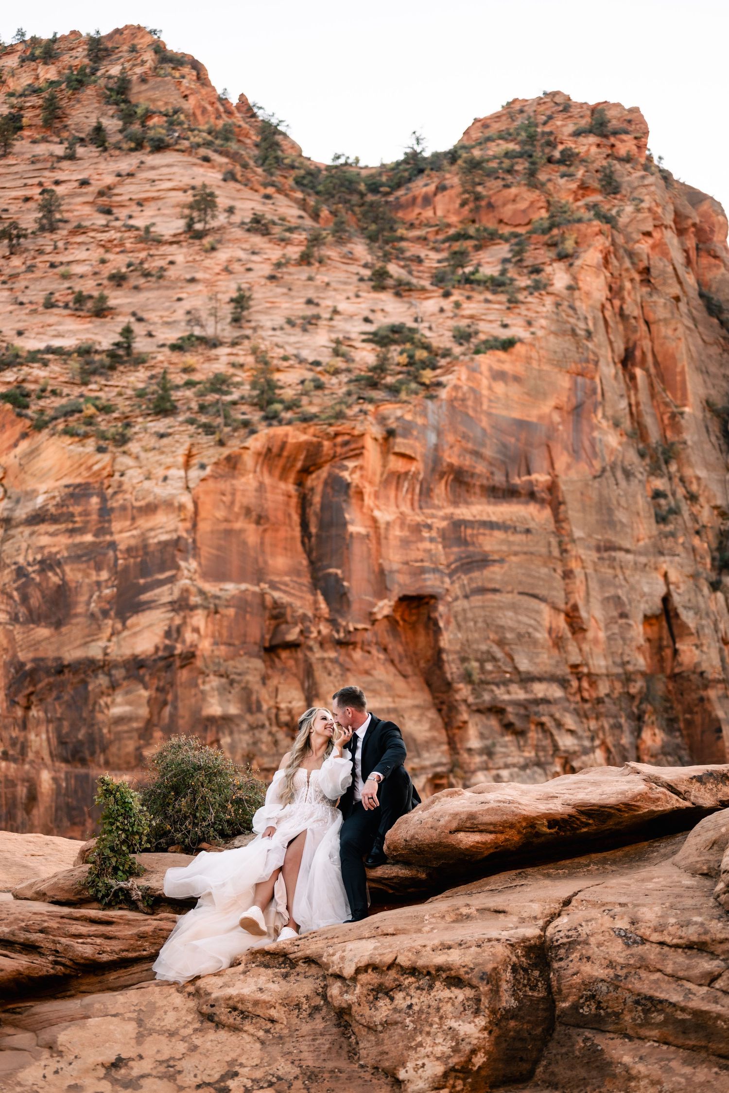 Wedding couple portraits in Zion National Park in October by Zion wedding photographer