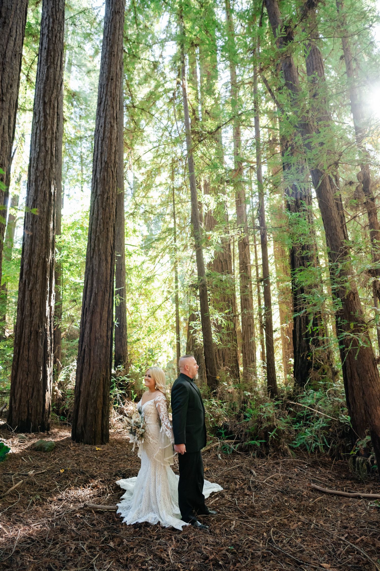 Wedding couple stands among tall redwood trees in a sunlit forest setting.