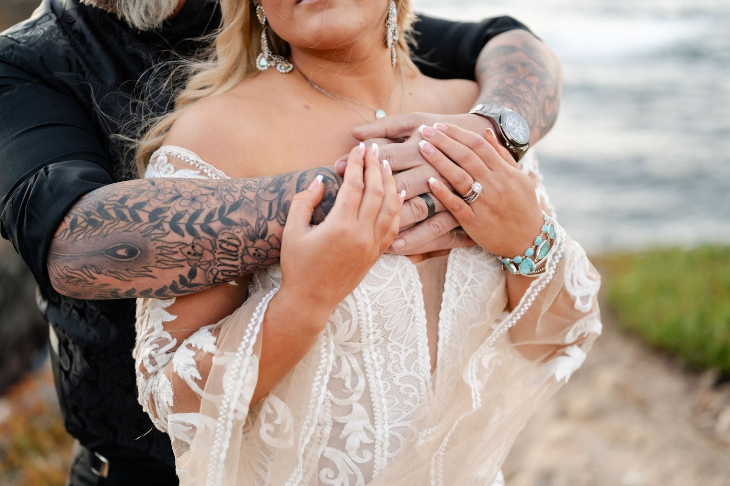 Close-up wedding portraits showing intricate lace details and intimate moments.