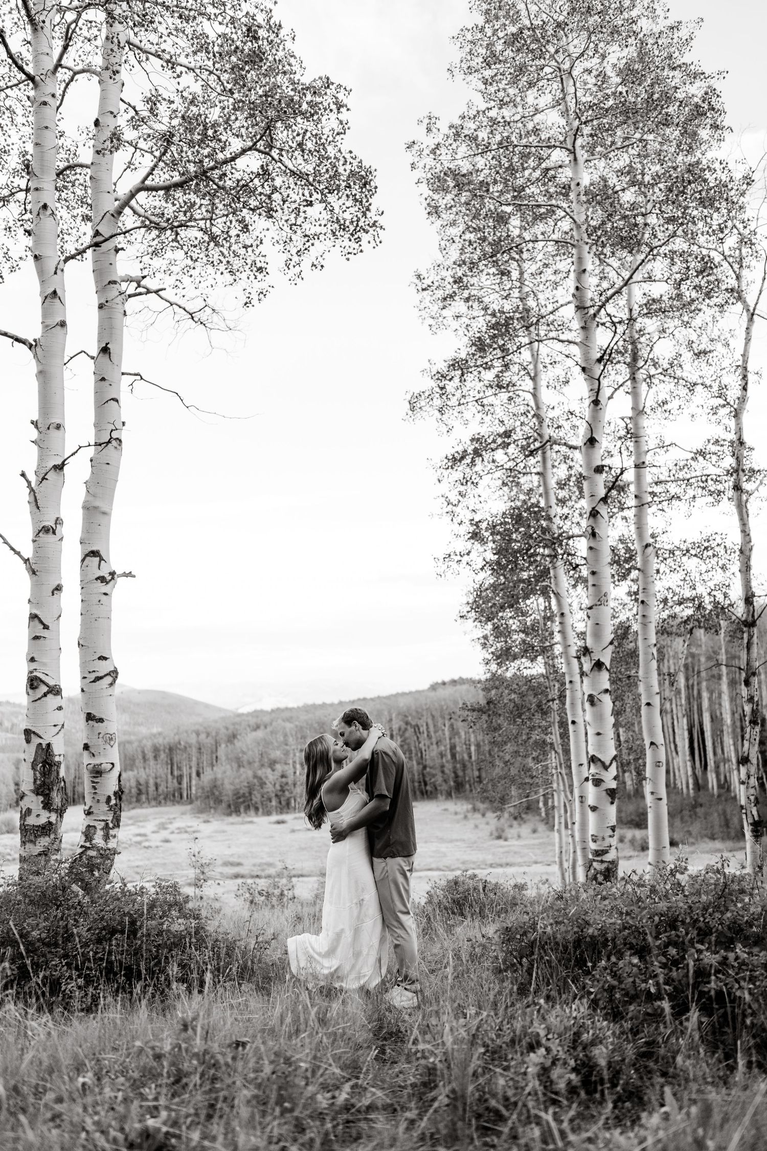 Black and white photo of a couple embracing among birch trees in a meadow with mountain views on their wedding day.