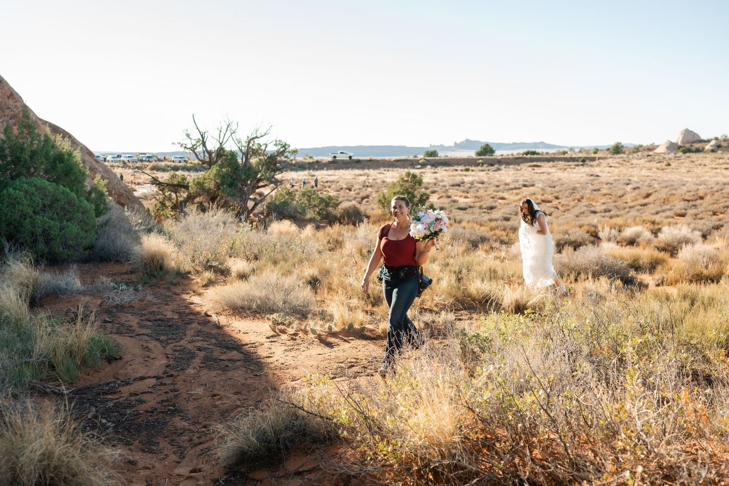 Desert landscape with red rock formations and scrubland under bright blue sky.