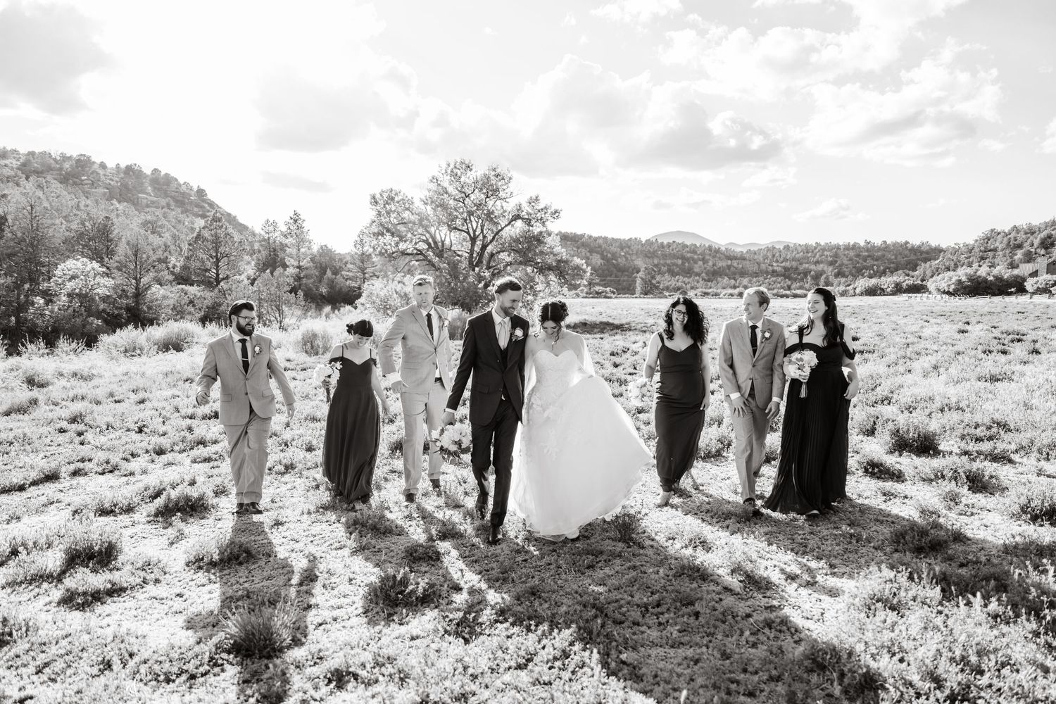 Wedding party poses outdoors in a desert landscape with mountains and brush in the background.