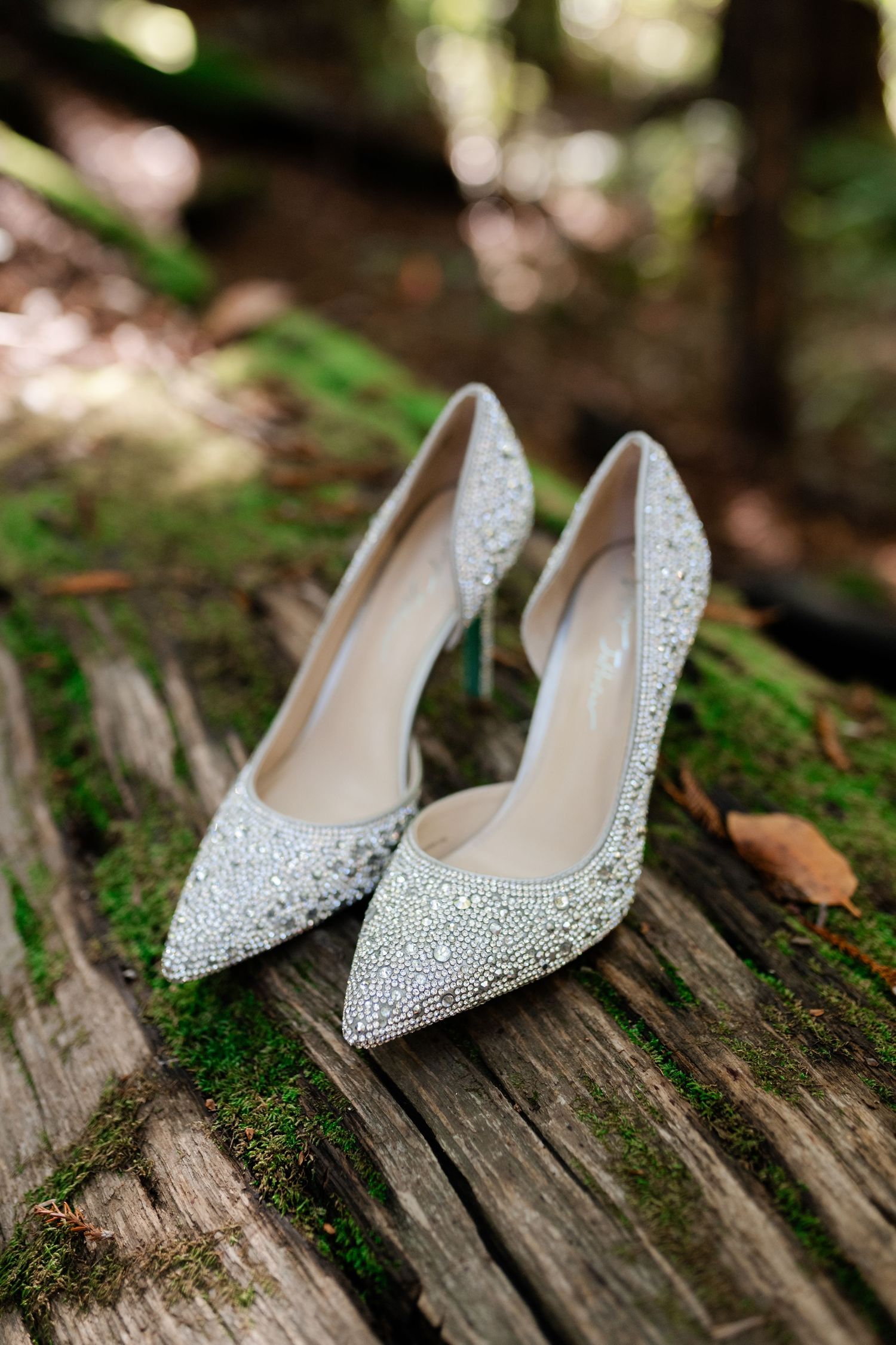 Sparkling crystal-embellished bridal shoes displayed on rustic wooden log with green moss in forest setting.