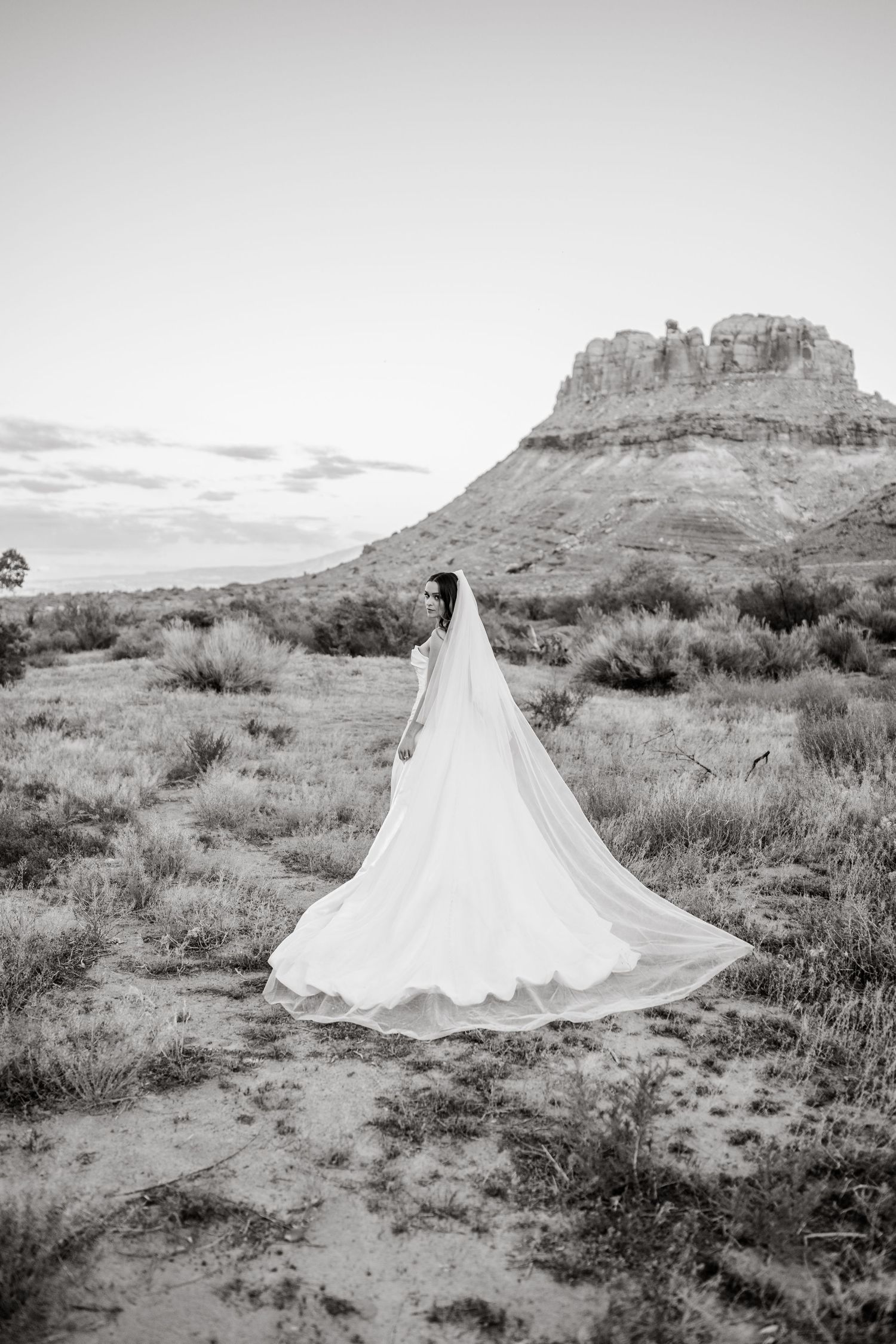 Black and white photo of a bride in a flowing gown and veil standing in a desert landscape with a mesa in the background.