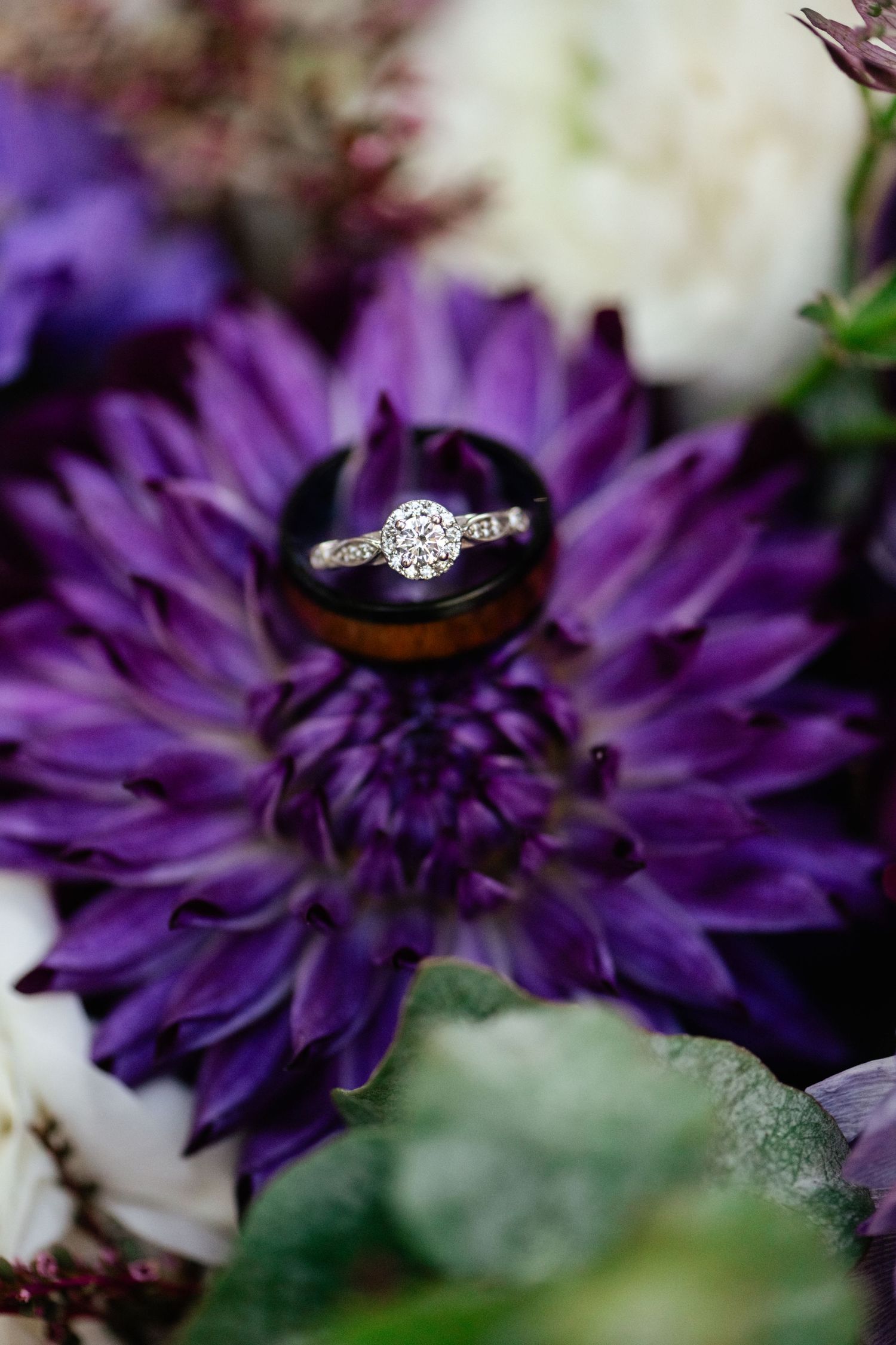 A sparkling diamond engagement ring rests on top of a vibrant purple dahlia flower in a wedding detail shot.