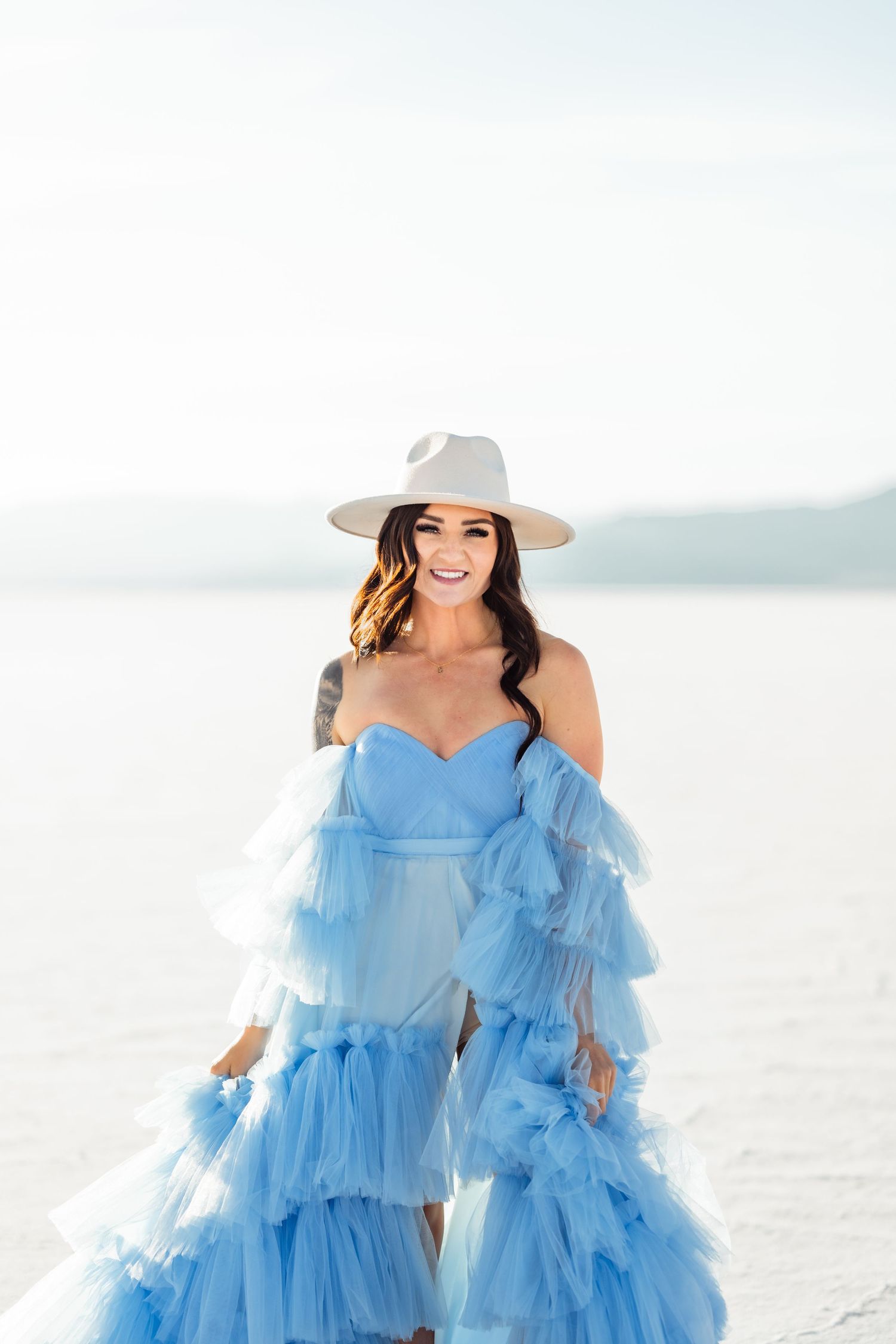 Portraits in beautiful dress at the Salt Flats by Salt Flats Photographer during sunset