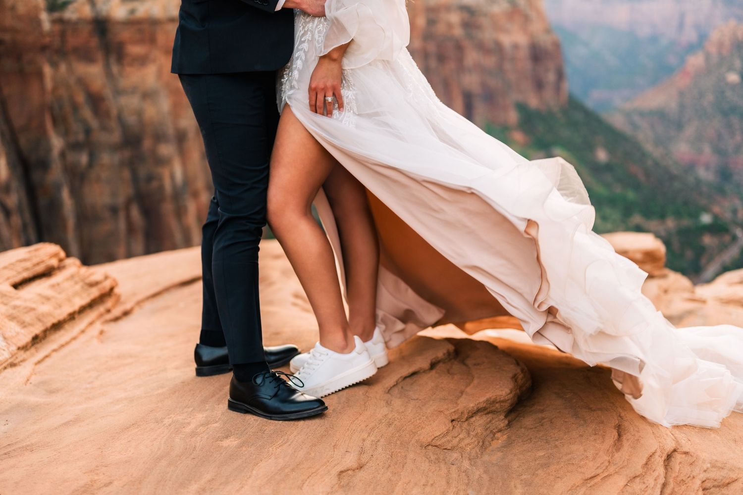 Wedding couple portraits in Zion National Park in October by Zion wedding photographer