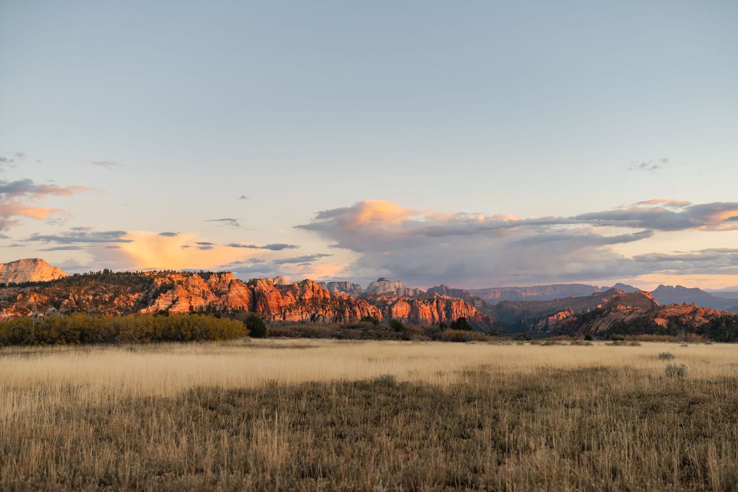 Panoramic view of red rock formations and desert landscape at sunset in Zion National Park. Zion Wedding Photographer.
