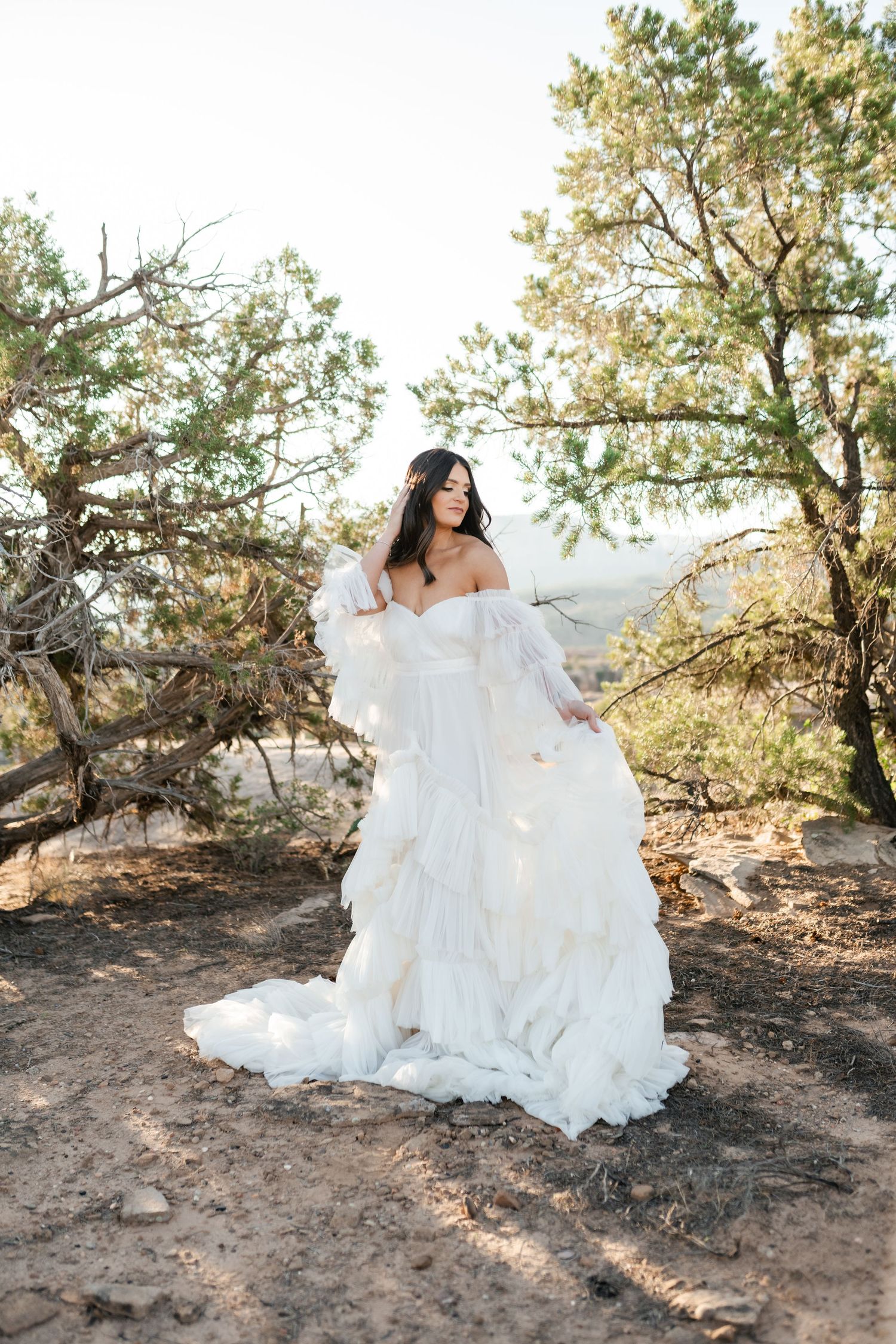 Desert wedding photography featuring white dress against natural landscape.