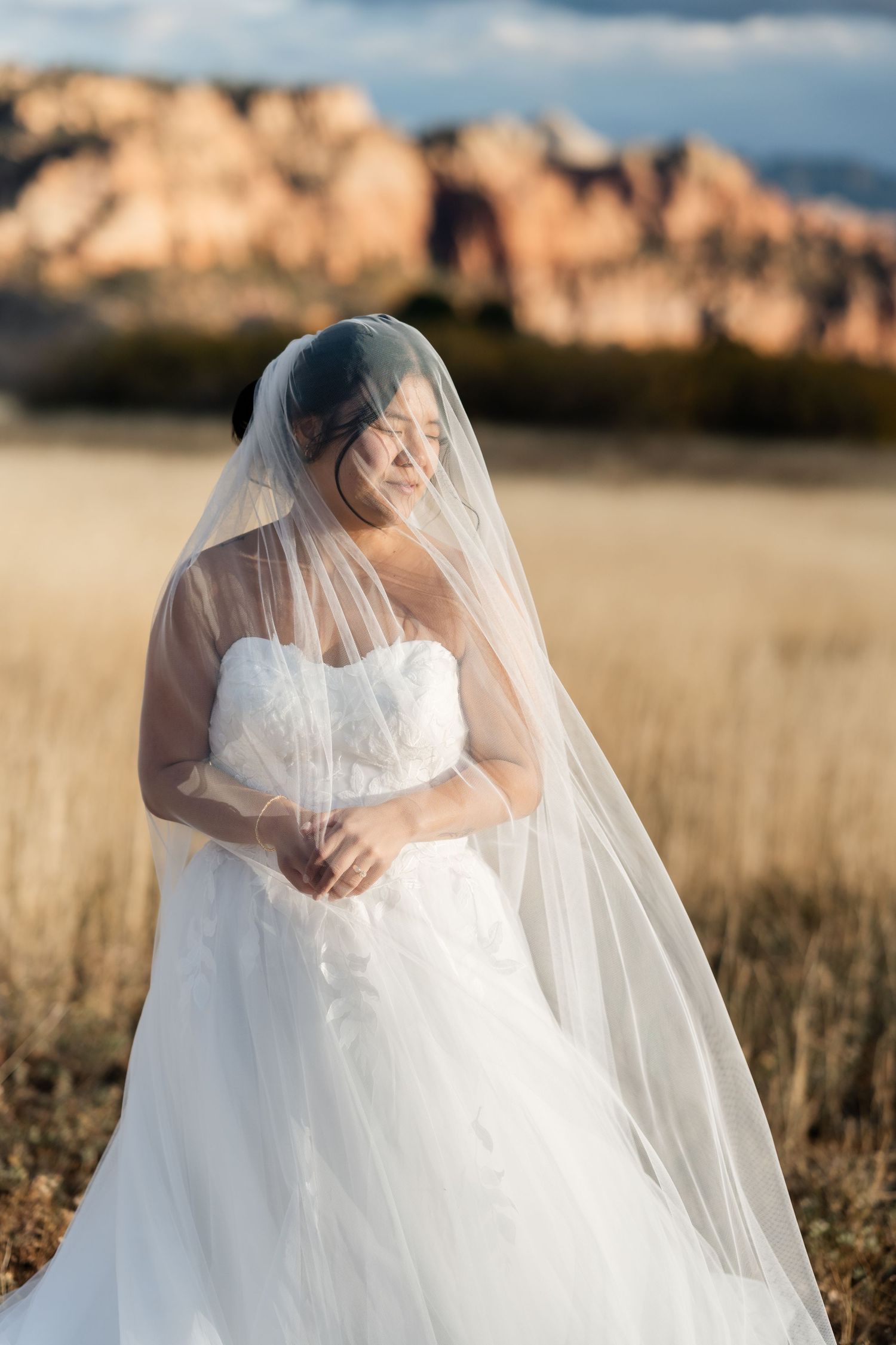 A flowing white wedding veil billows in the breeze against a mountainous landscape at sunset.
