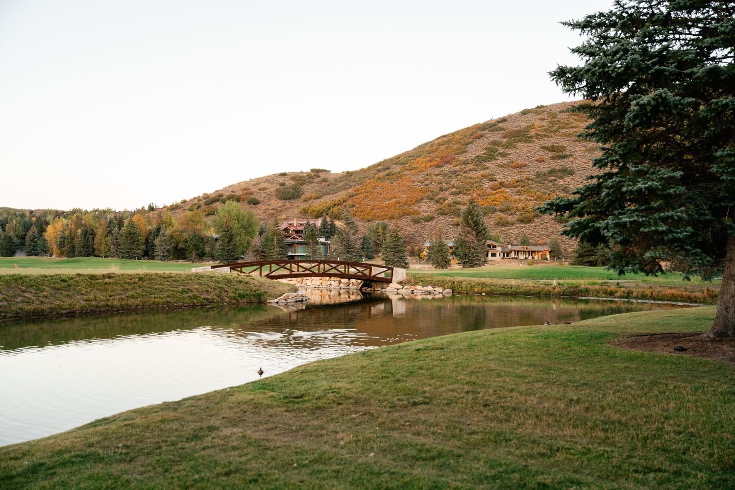 Panoramic landscape view of a lakeside venue with mountains in the background.