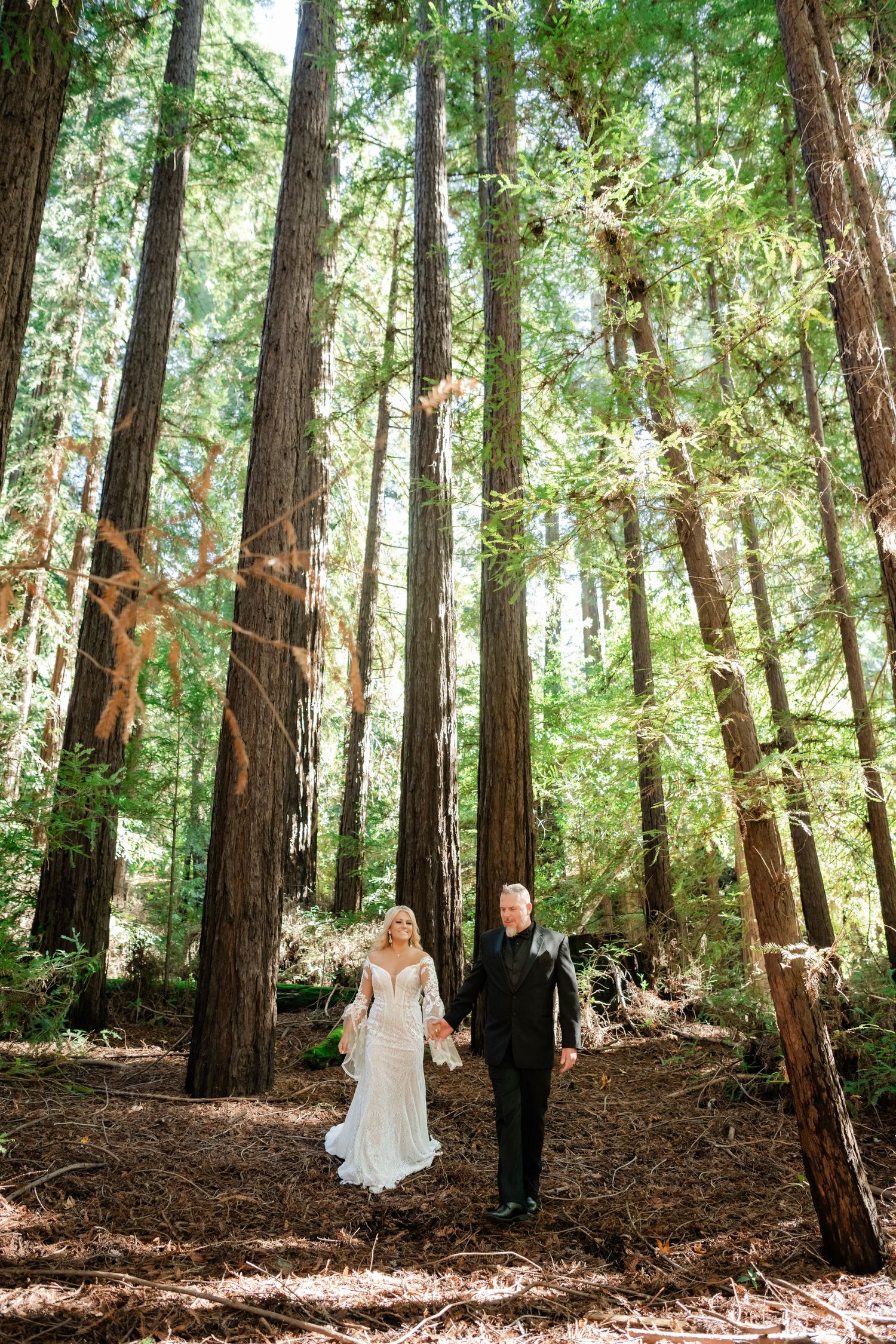 Wedding couple walking through a majestic redwood forest with filtered sunlight.
