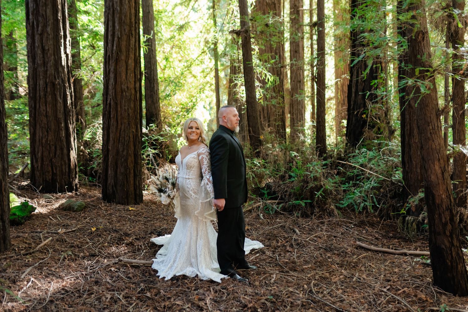 Towering redwood trees create natural cathedral setting in forest.
