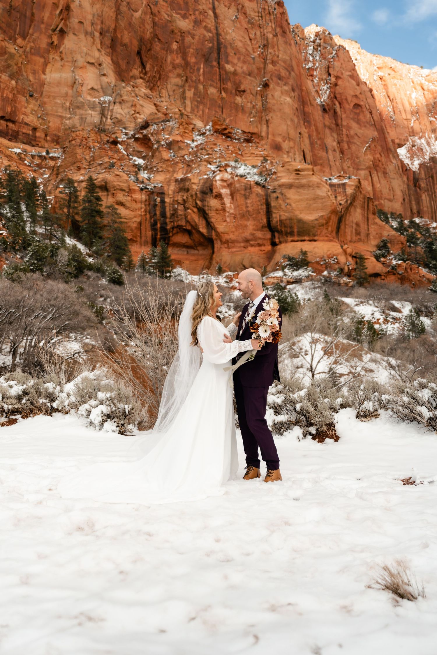 Snow-covered red rock canyon landscape with dramatic cliffs and winter scenery.