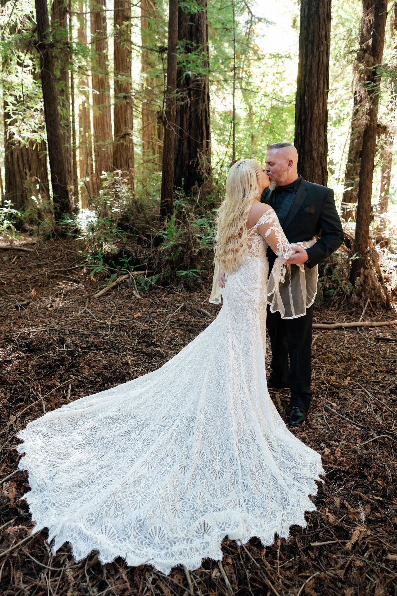 A stunning lace wedding dress with a dramatic train photographed in a serene redwood forest setting.