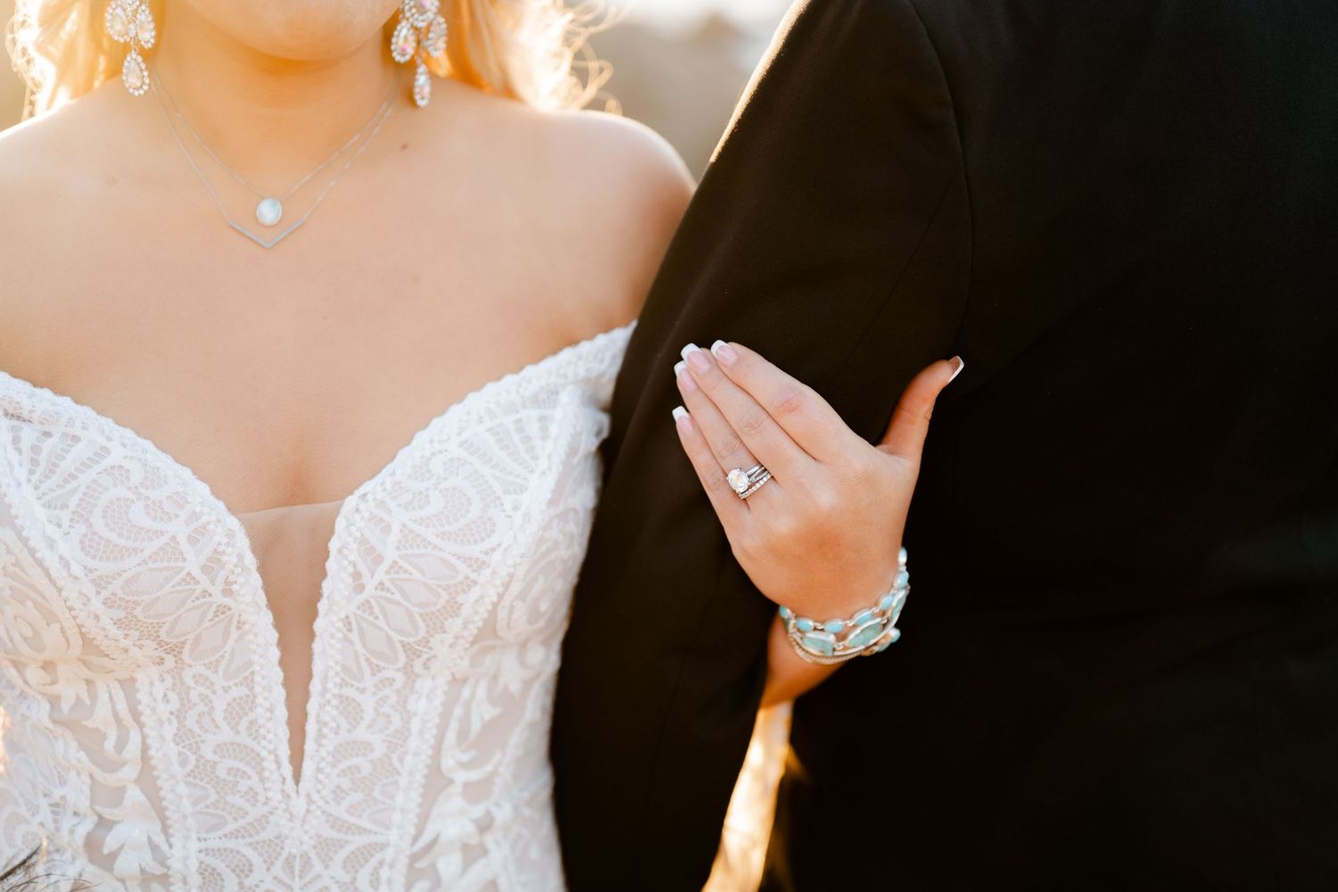 Close-up details of a lace wedding dress bodice.